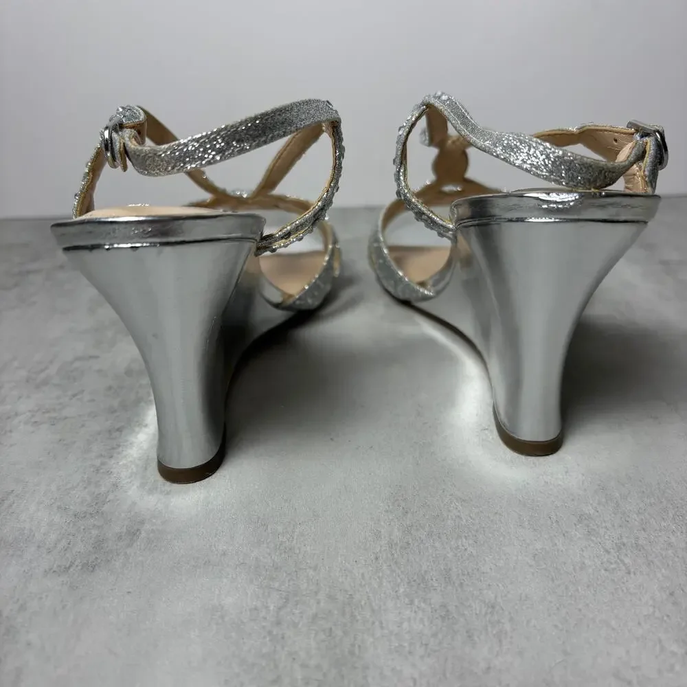 Nina Vanida Wedge Strappy Silver Glitter Rhinestone Dress Sandal Women's 9.5 - Picture 2 of 12